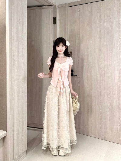 Puff Sleeve Ribbon Lace Skirt Set BEL0034
