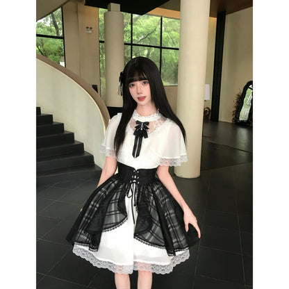 Puff Sleeve Lace Trim Plaid Overskirt Dress LAL0218