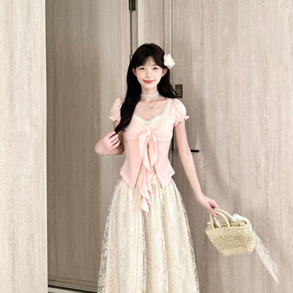 Puff Sleeve Ribbon Lace Skirt Set BEL0034