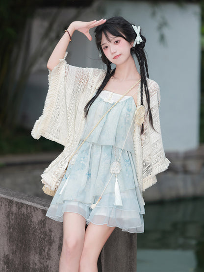 Tie-Dye Mint Camisole Dress With Crochet Shawl YOU0282
