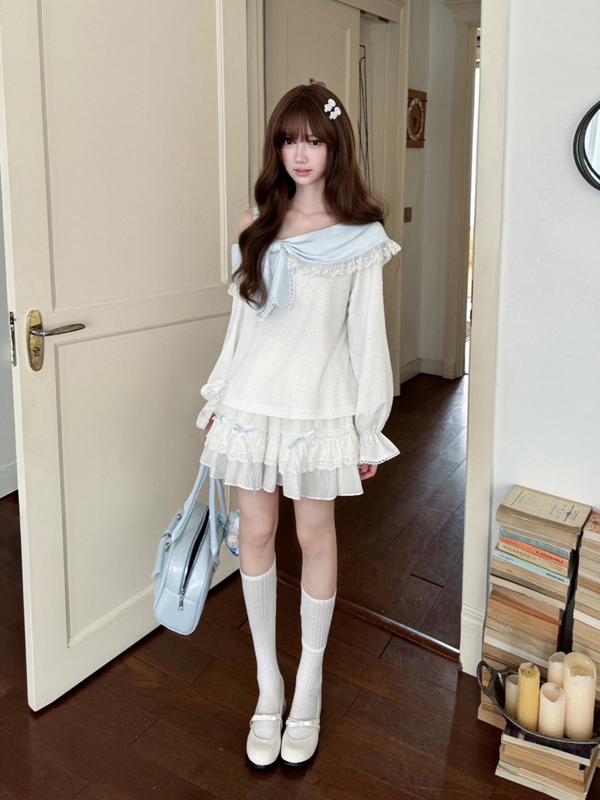 Off Shoulder Bow Collar Ruffle Top LAL0239
