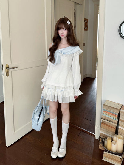 Off Shoulder Bow Collar Ruffle Top LAL0239