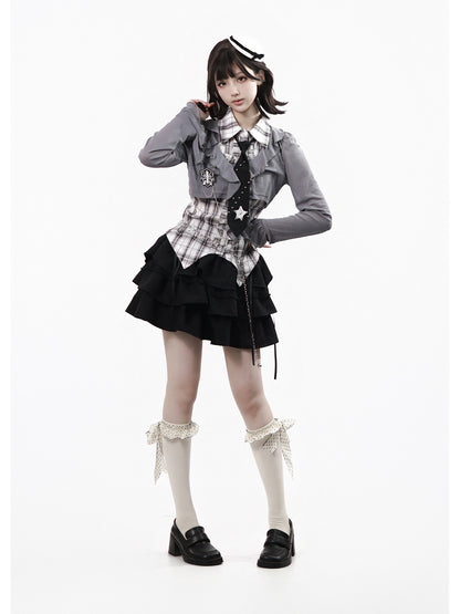Plaid Vest Shirt And Ruffle Tier Skirt PIN0044