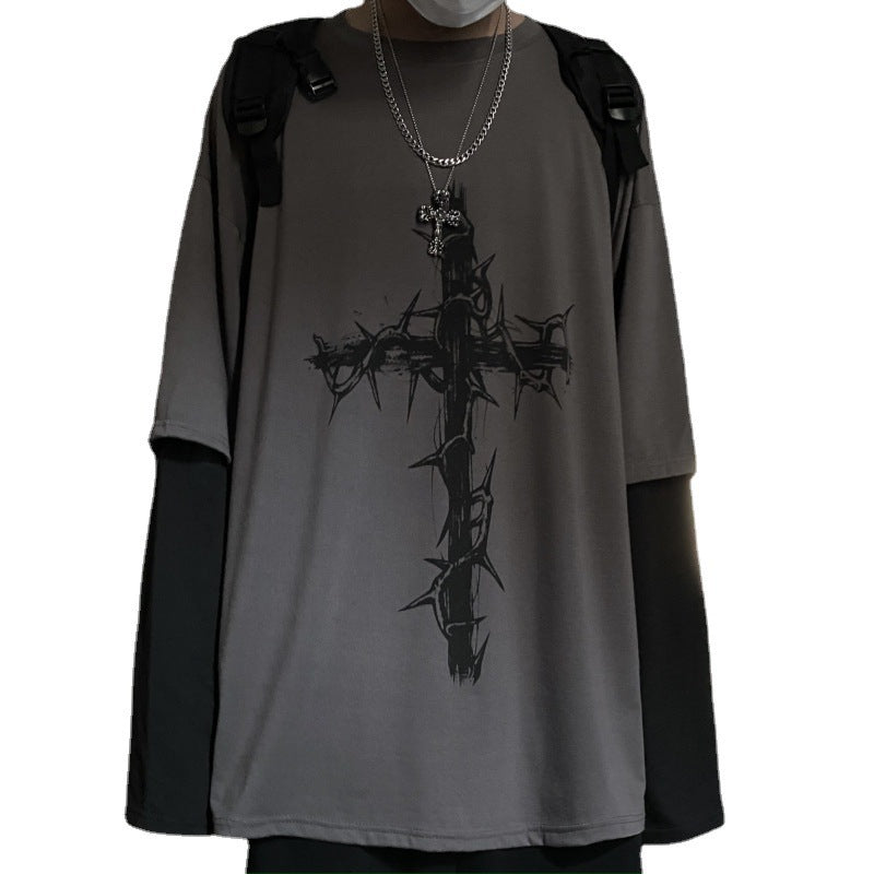 ダークなヒップホップクロスプリントのフェイクツーピース長袖Tシャツ、トレンディなトップINSのゆったりしたクルーネックTシャツ