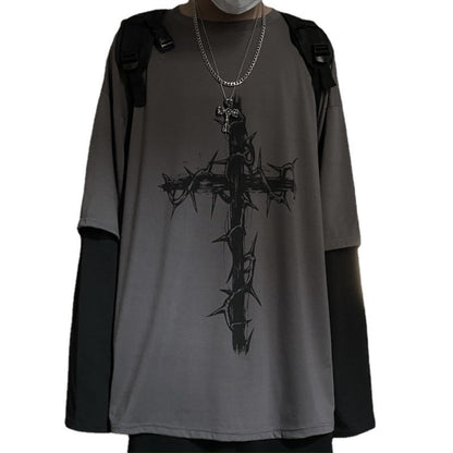 ダークなヒップホップクロスプリントのフェイクツーピース長袖Tシャツ、トレンディなトップINSのゆったりしたクルーネックTシャツ