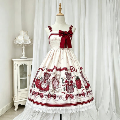 Bear And Strawberry Print Jacket And Pinafore Dress Set YOU0280