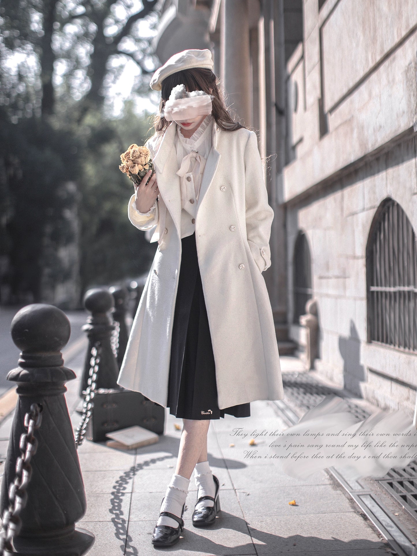 Elegant Double Breasted White Wool Coat HUT0032