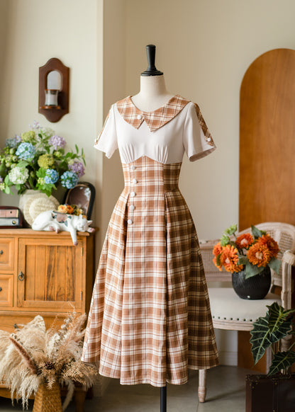 Vintage Plaid Contrast Collar A-Line Dress FOR0074