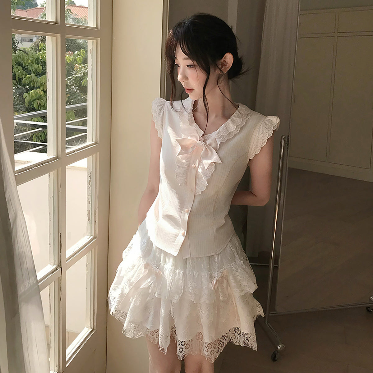 Apricot Pleated Bow Collar Blouse LAL0174