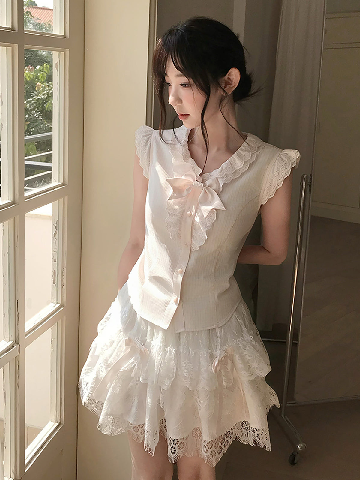 Apricot Pleated Bow Collar Blouse LAL0174