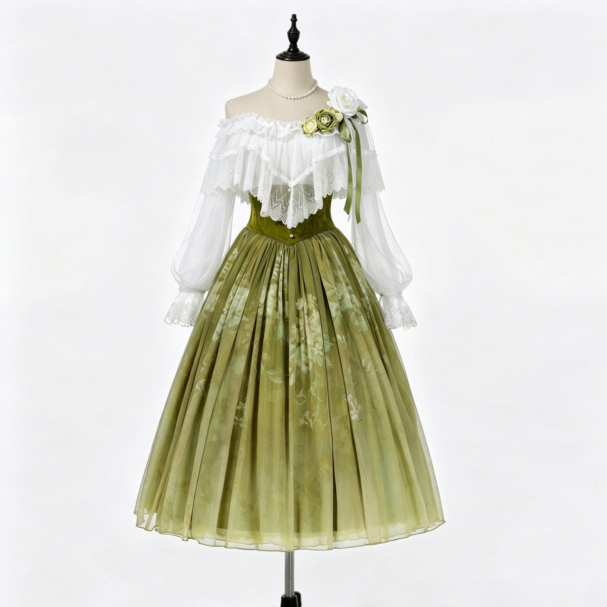 Olive Green Vintage Lace Ruffle Blouse And Skirt Set YOU0306