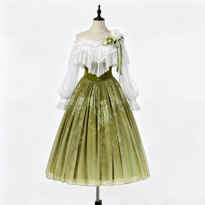 Olive Green Vintage Lace Ruffle Blouse And Skirt Set YOU0306