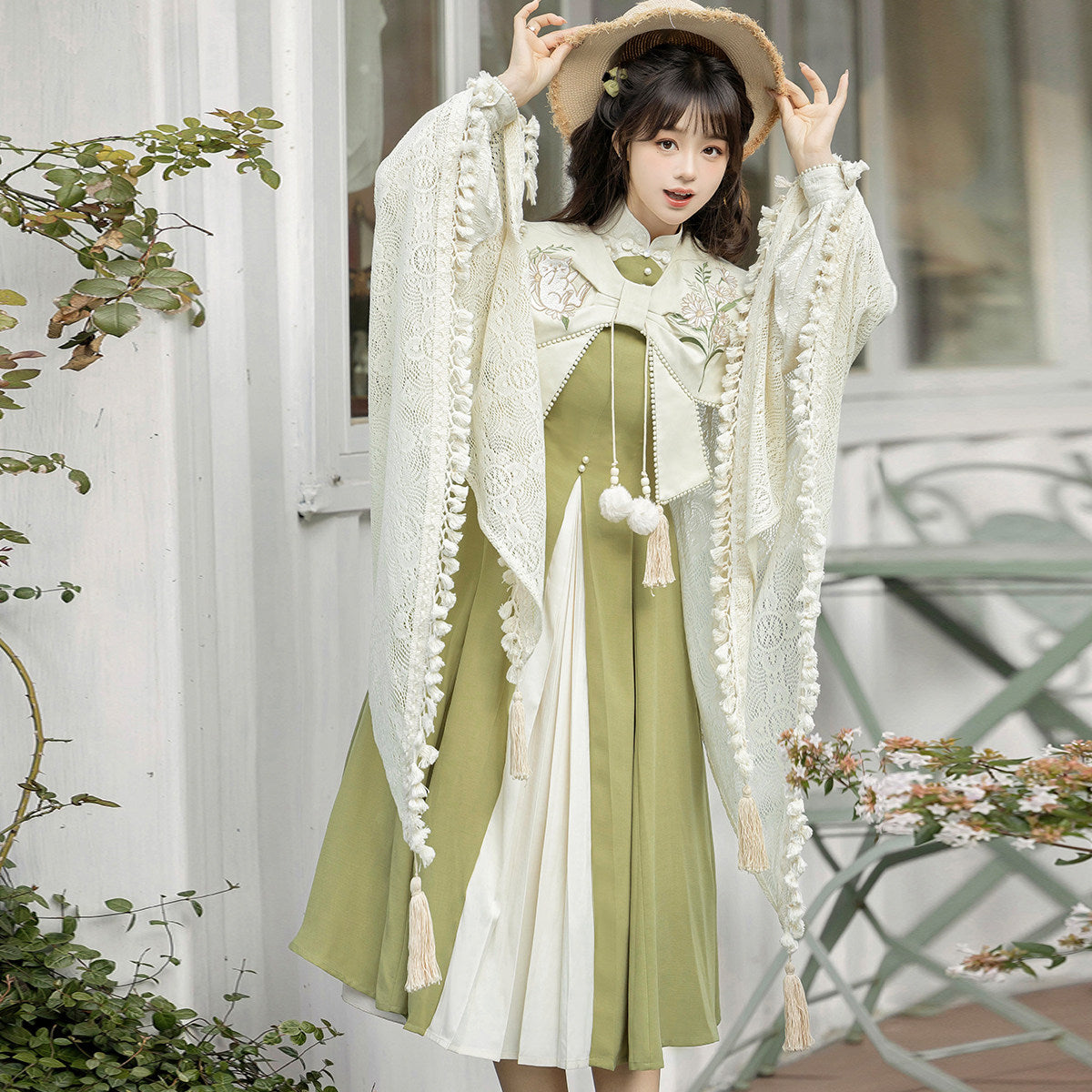 Chinese Style Lace Cape Pleated Midi Dress Set YOU0326
