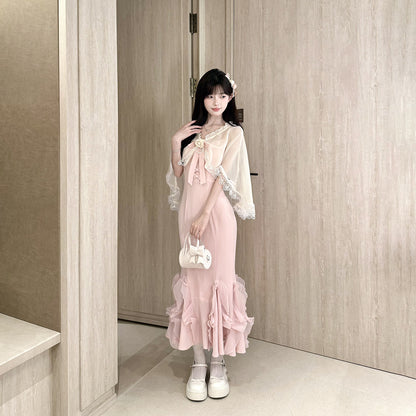 Lace Shawl Ruffle Mermaid Strap Dress Set BEL0038