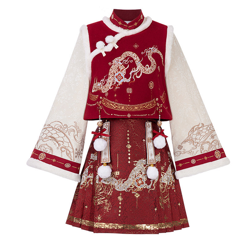 Chinese Dragon Embroidered Vest And Skirt Set YOU0288