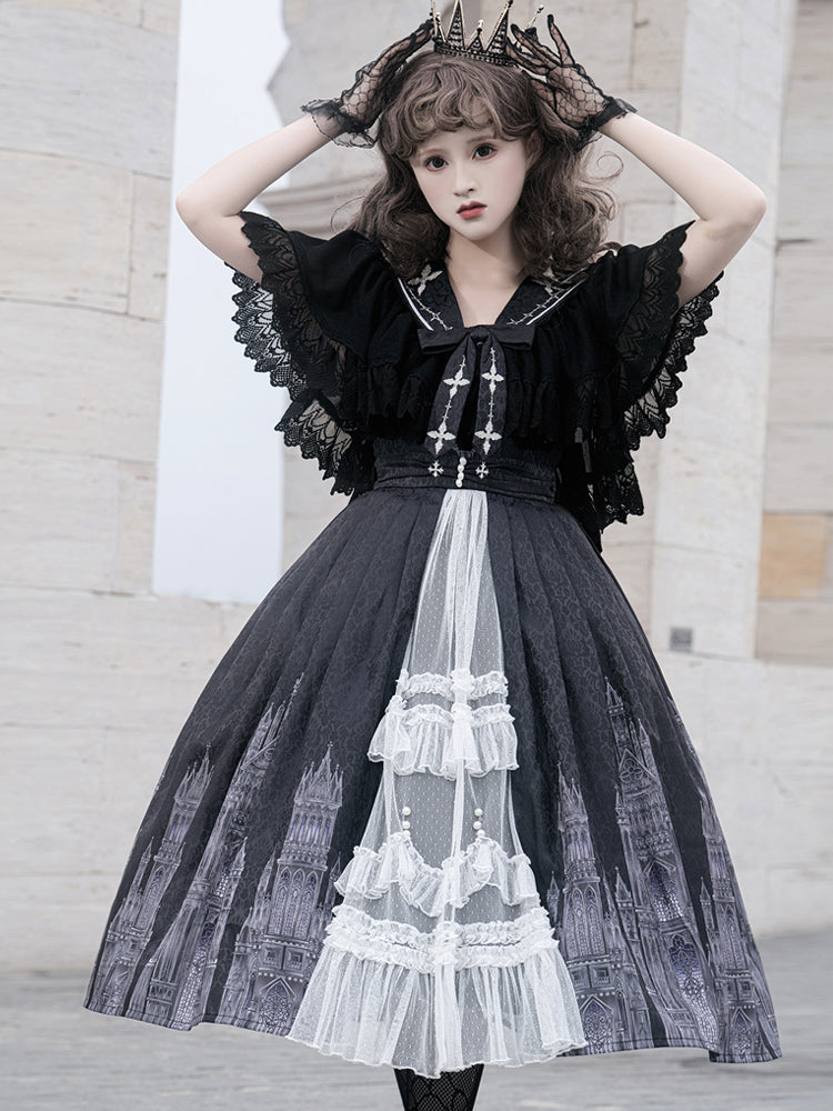 Church Print Black & White Lolita Dress YOU0057