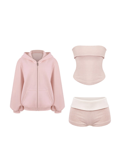 Pink Hooded Fleece Jacket 3-Piece Set SER0146