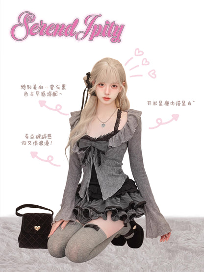 Black Lace Camisole Cardigan And Pleated Skirt Set SER0137