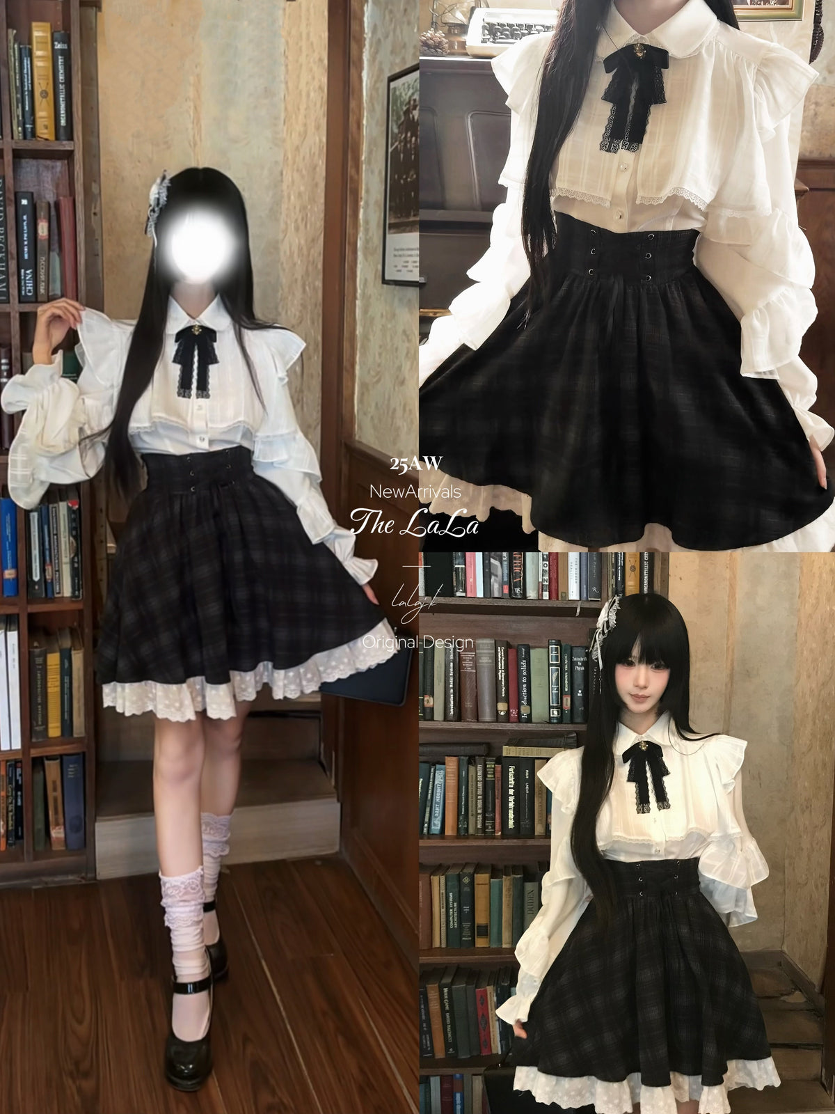 Ruffle Collar Bow Blouse With Plaid Skirt Set LAL0165