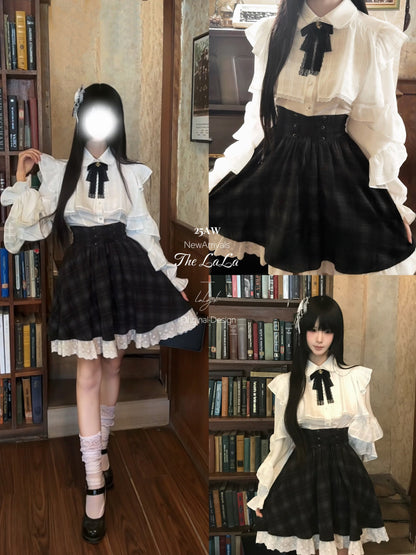Ruffle Collar Bow Blouse With Plaid Skirt Set LAL0165