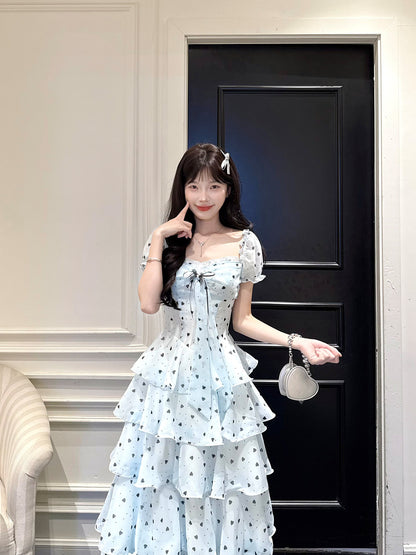 Blue Polka Dot Puff Sleeve Tiered Dress BEL0028