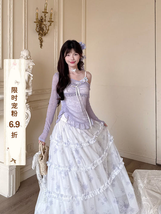 Floral Lace Cardigan Tiered Skirt Set BEL0016