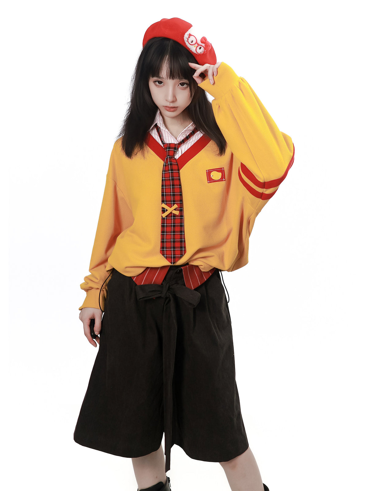 V-Neck Color Block Sweatshirt And Plaid Skirt Set PIN0052