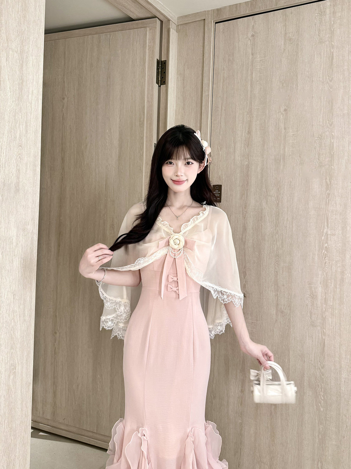 Lace Shawl Ruffle Mermaid Strap Dress Set BEL0038