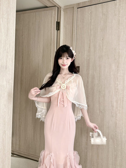 Lace Shawl Ruffle Mermaid Strap Dress Set BEL0038