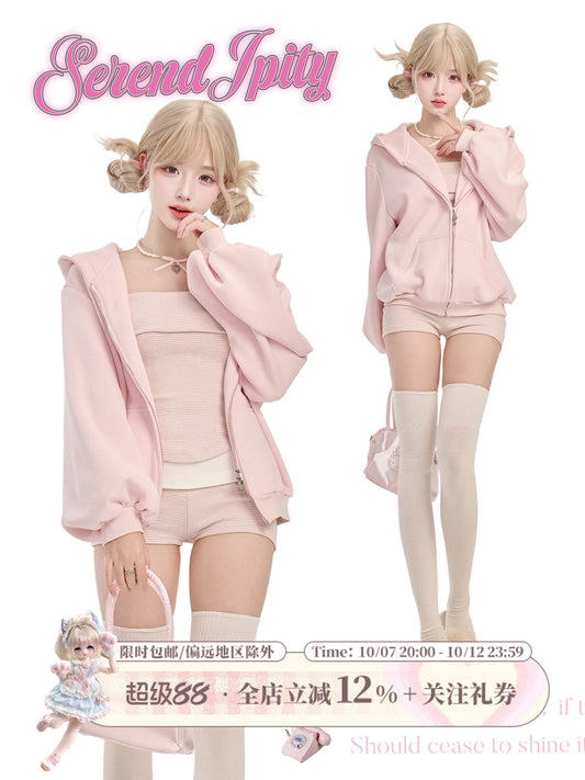Pink Hooded Fleece Jacket 3-Piece Set SER0146