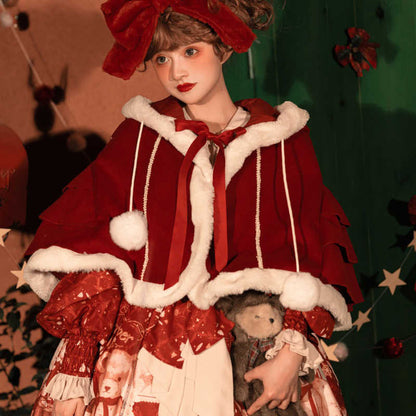 Hooded Christmas Cape and Bear Print Dress YOU0148