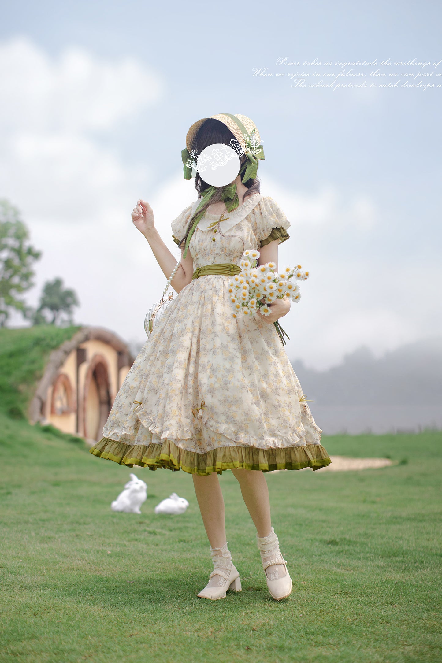 French Retro Flower Style Green Dress HUT0048