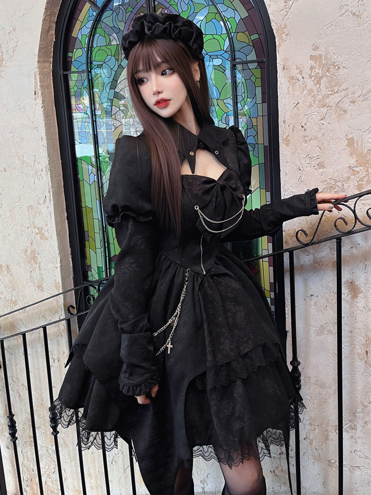 Dark Gothic High-Waist Long-Sleeve Lolita Dress YOU0235