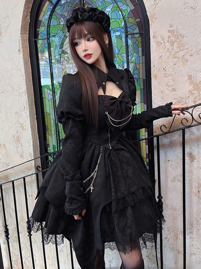 Dark Gothic High-Waist Long-Sleeve Lolita Dress YOU0235