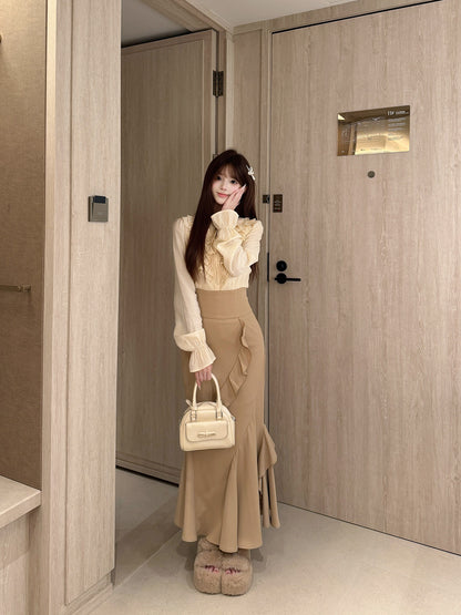Ruffle Collar Blouse Fishtail Maxi Skirt Set BEL0041