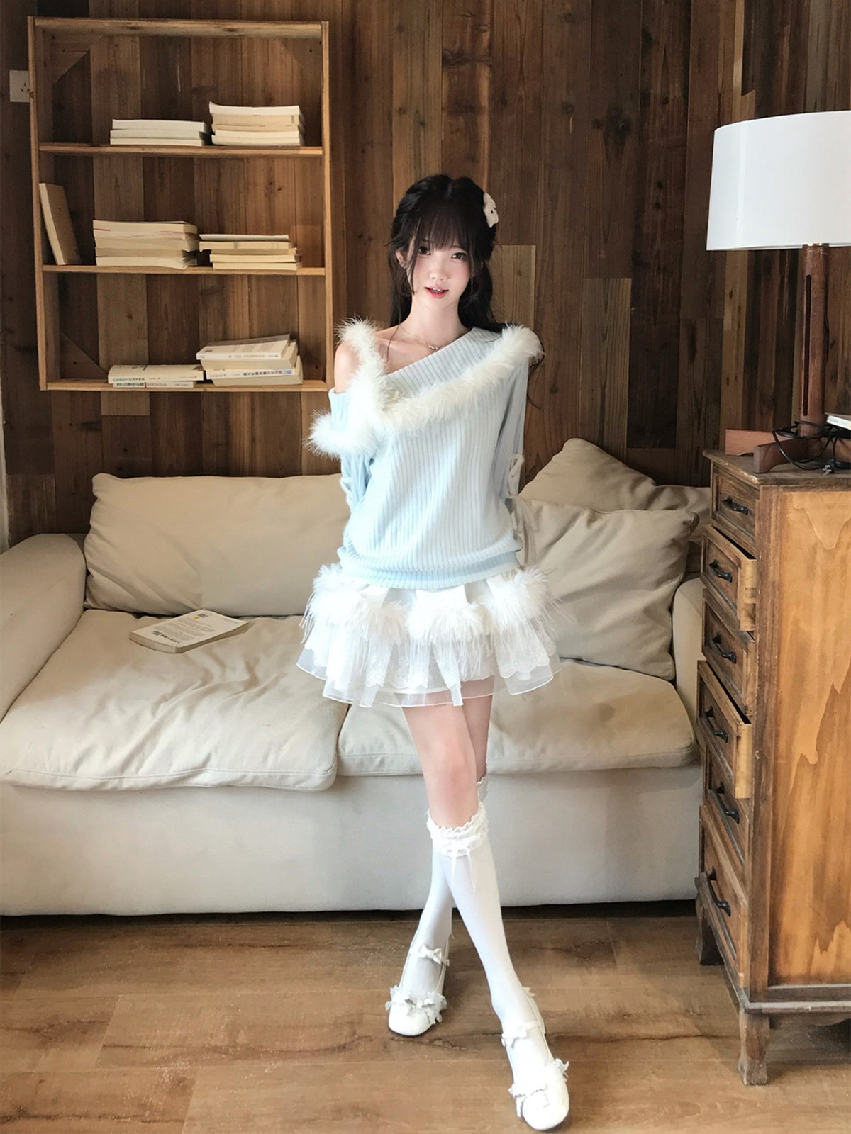 Off Shoulder Fur Trim Knit Sweater LAL0140