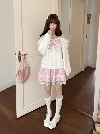 Fluffy Bow Off Shoulder Knit Top LAL0145