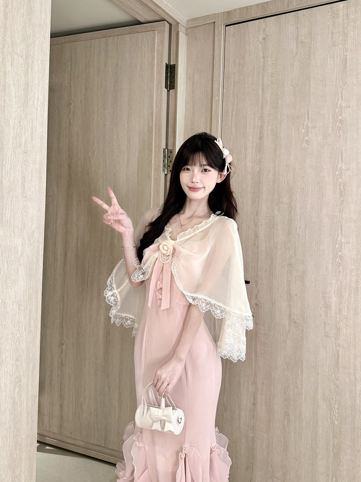 Lace Shawl Ruffle Mermaid Strap Dress Set BEL0038