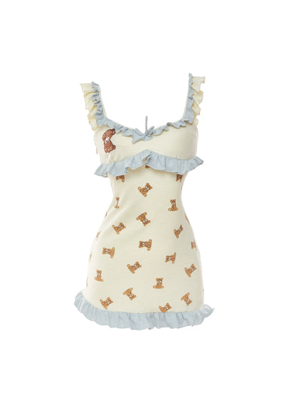 Bear Print Light Blue Frilled Dress SER0090