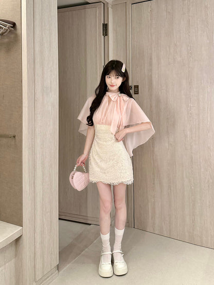 Pink Cape Sleeve Lace Mini Dress BEL0031