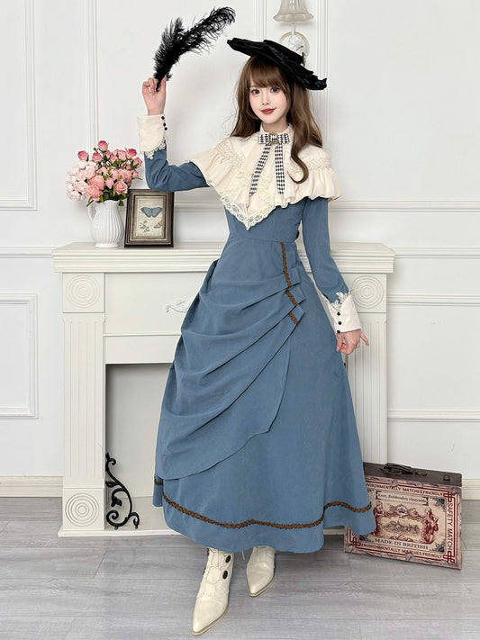 Victorian Style Ruffled Cape Collar Dress YOU0246