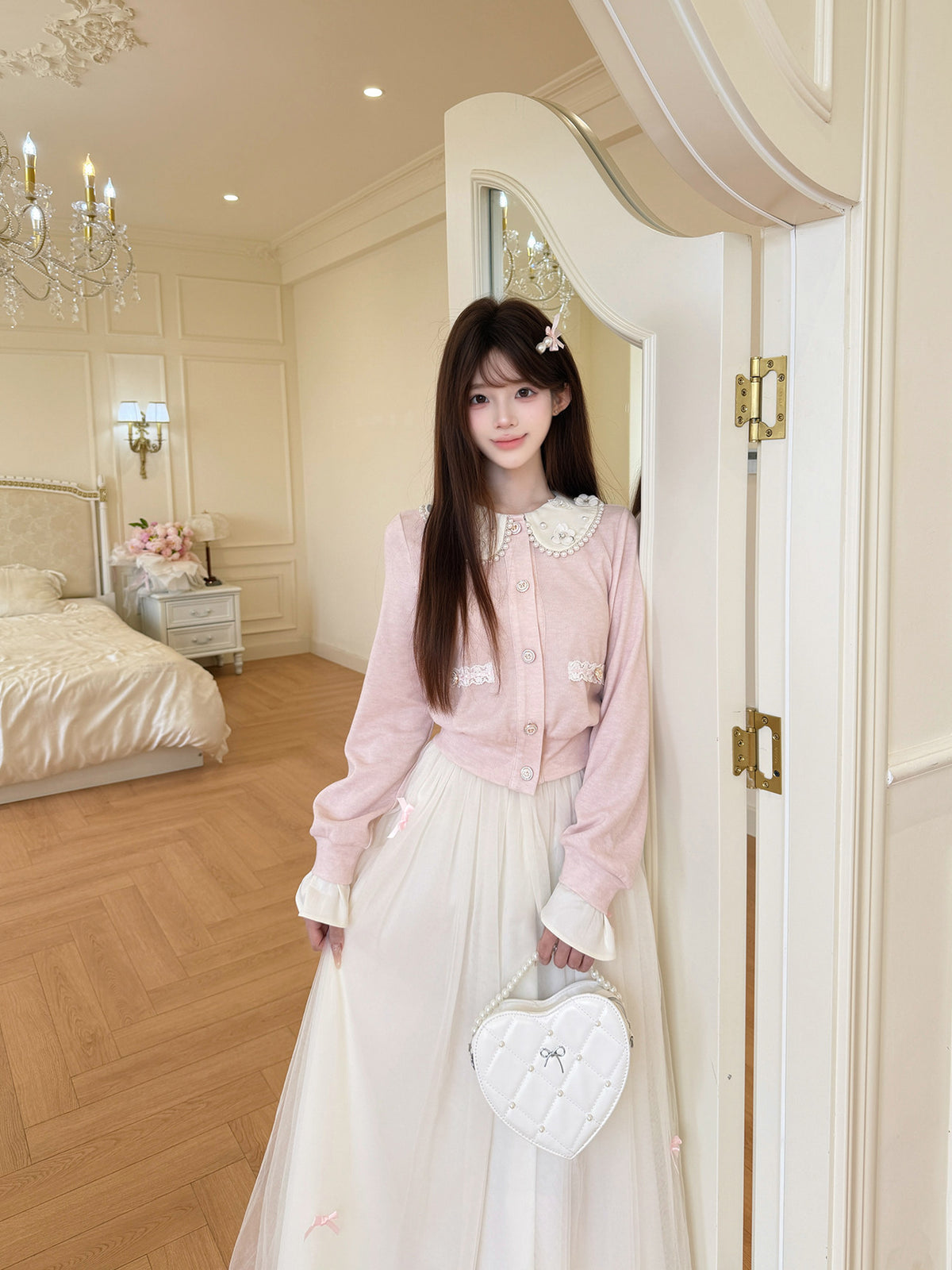 Doll Collar Knit Cardigan Mesh Skirt Set BEL0043