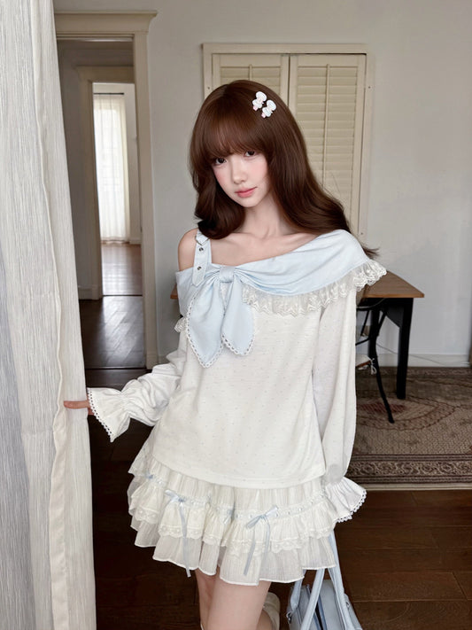 Off Shoulder Bow Collar Ruffle Top LAL0239