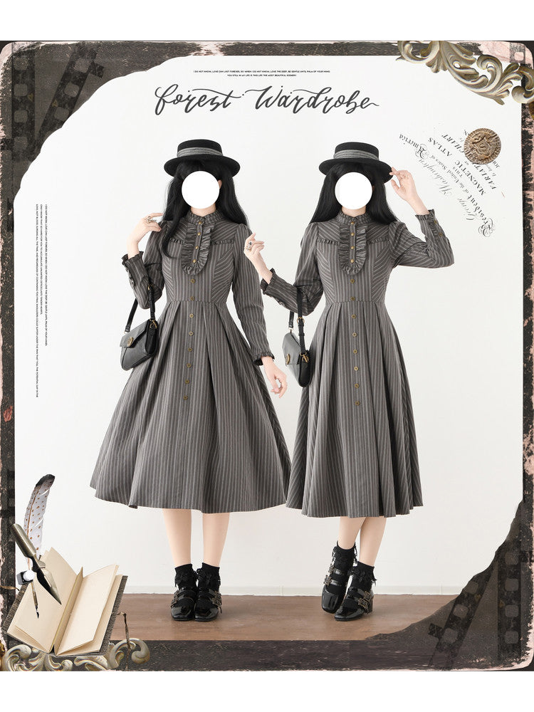 Vintage Striped High-Collar Long-Sleeve Dress FOR0064