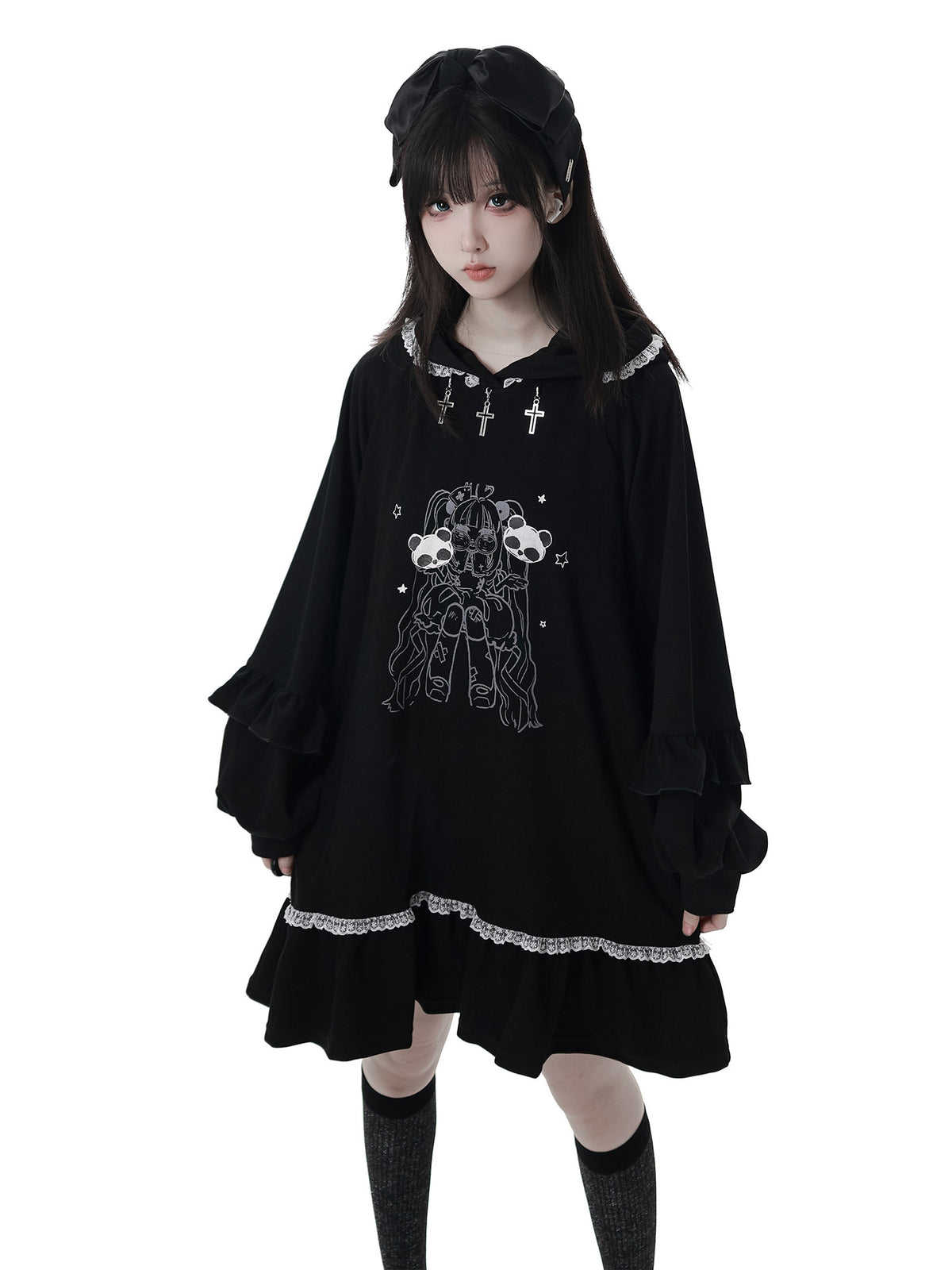 Gothic Skull Print Hooded Sweatshirt Dress PIN0065