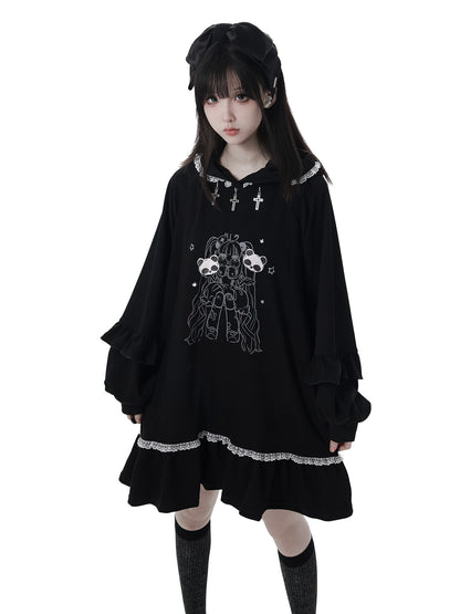 Gothic Skull Print Hooded Sweatshirt Dress PIN0065