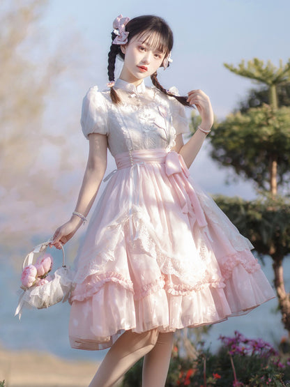 Tulip Embroidery Sweet Pink Ribbon Lolita Dress YOU0037