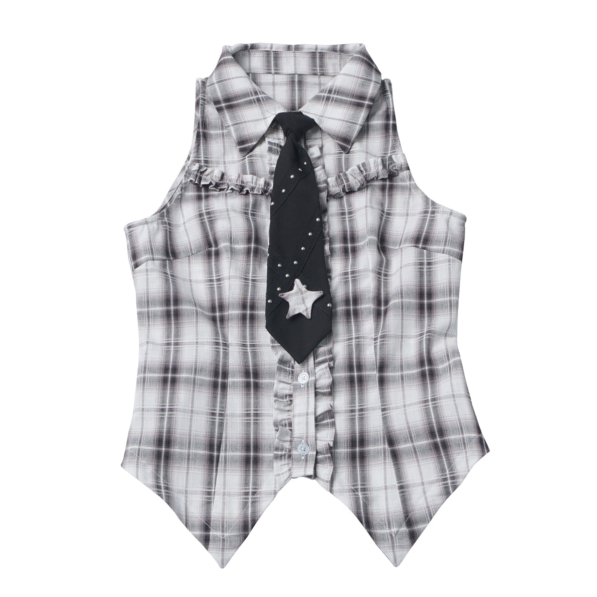 Plaid Vest Shirt And Ruffle Tier Skirt PIN0044