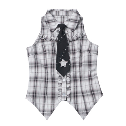 Plaid Vest Shirt And Ruffle Tier Skirt PIN0044