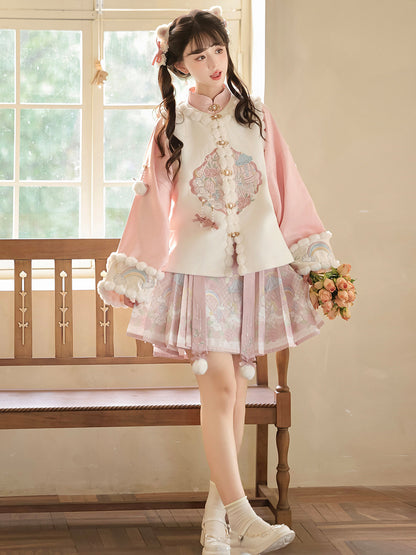 Chinese Style Floral Embroidered Vest Top Pleated Skirt Set YOU0265